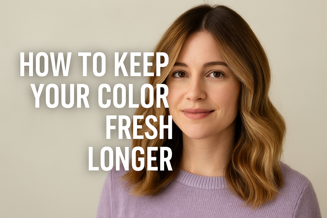 Smiling woman with shiny, freshly colored hair wearing a lavender sweater, with text reading ‘How to Keep Your Color Fresh Longer’ on a beige background.