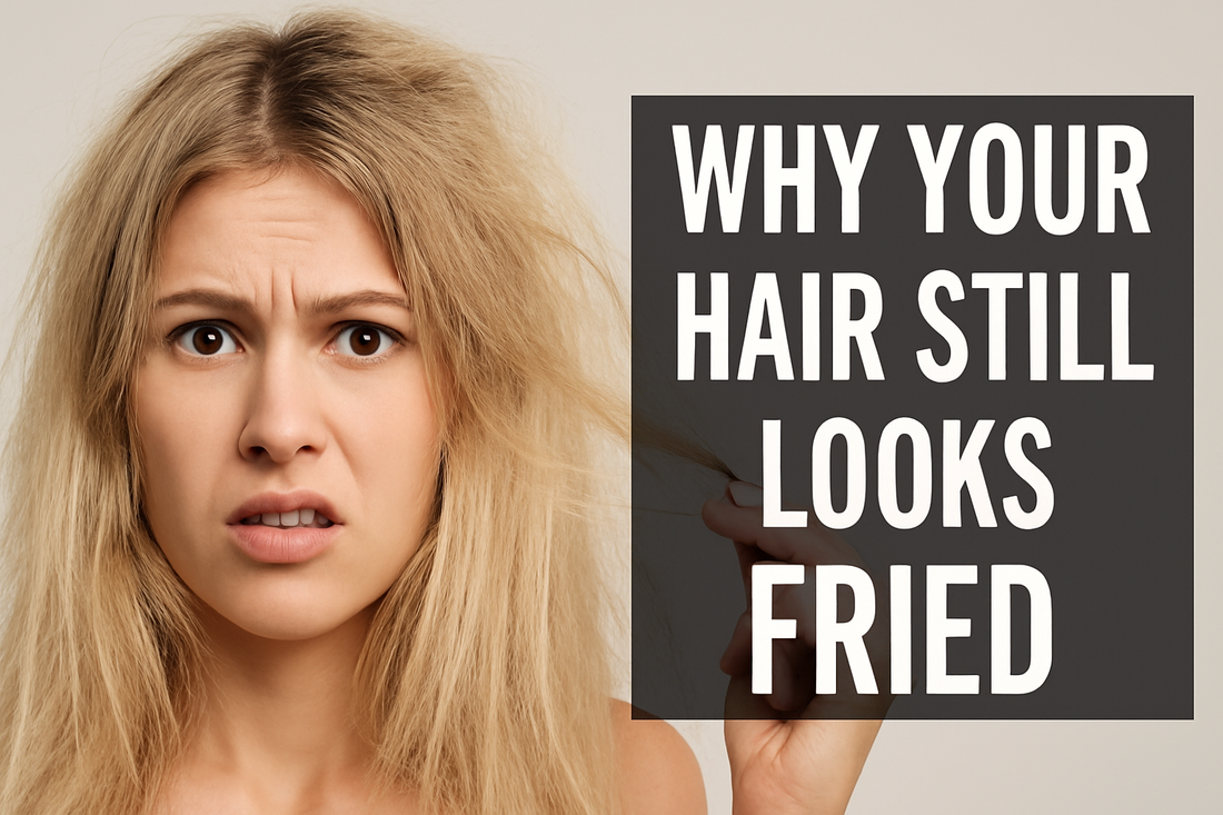 Frustrated woman with dry, frizzy blonde hair holding a damaged strand, next to bold text that reads “WHY YOUR HAIR STILL LOOKS FRIED” on a dark gray background.