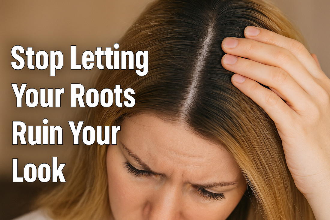 A woman with light brown hair is inspecting her dark root regrowth, parting her hair with her fingers, with bold white text on the left that reads “Stop Letting Your Roots Ruin Your Look.”
