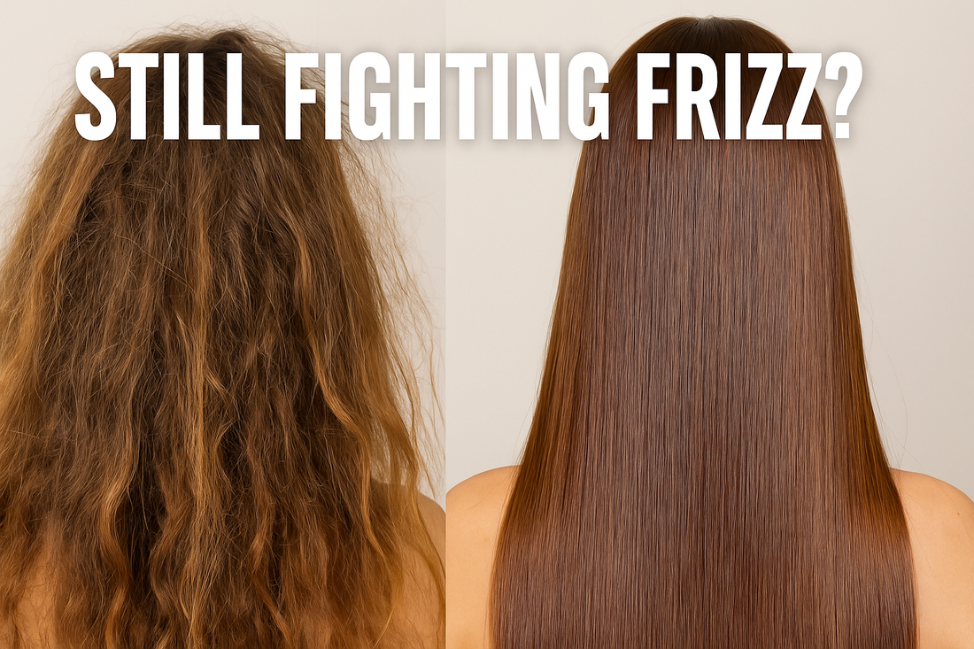Side-by-side comparison of frizzy, dry brown hair on the left and smooth, shiny straight brown hair on the right with bold text overlay reading 'Still Fighting Frizz?' – beauty salon thumbnail image.