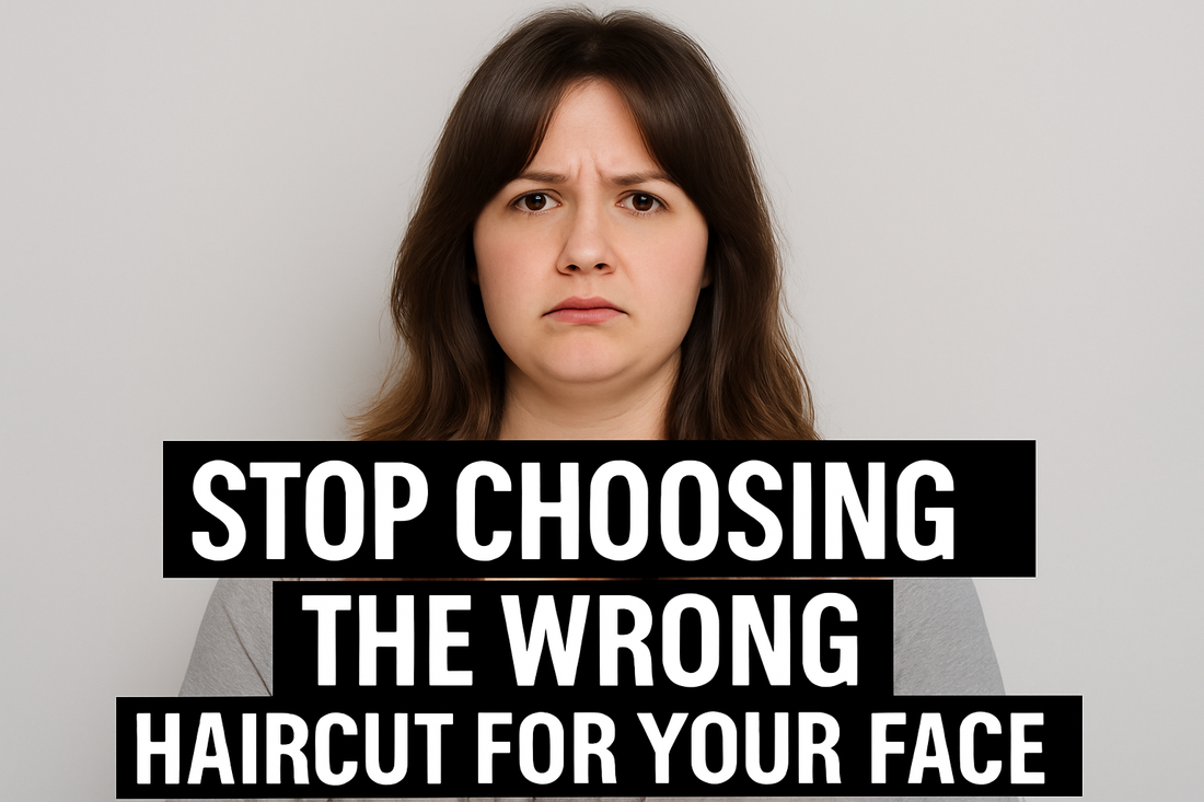 Serious woman with round face and long brown hair, with text: “STOP CHOOSING THE WRONG HAIRCUT FOR YOUR FACE.”