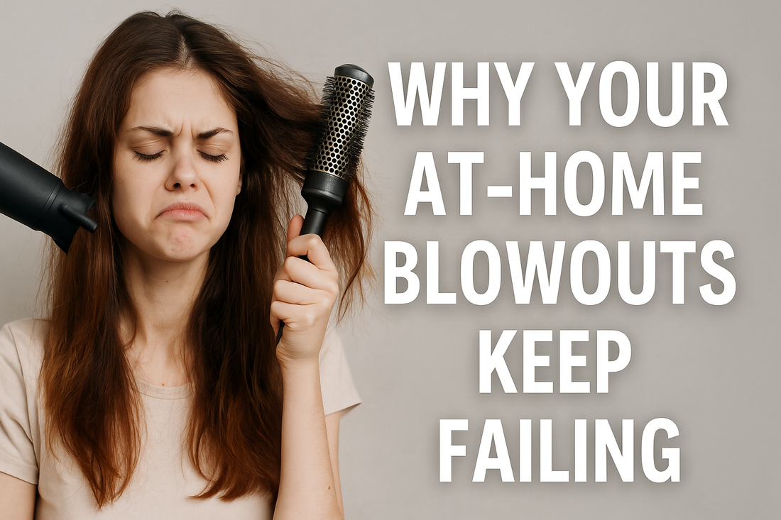 Frustrated woman with frizzy hair tangled in a brush, holding a dryer, with text: “WHY YOUR AT-HOME BLOWOUTS KEEP FAILING.”