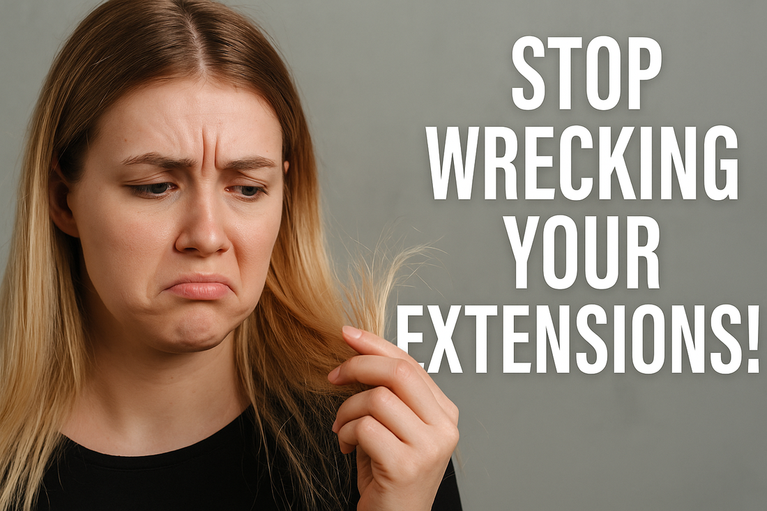 Frustrated young woman holding damaged hair extensions with bold white text that reads 'STOP WRECKING YOUR EXTENSIONS!' in a landscape salon thumbnail.