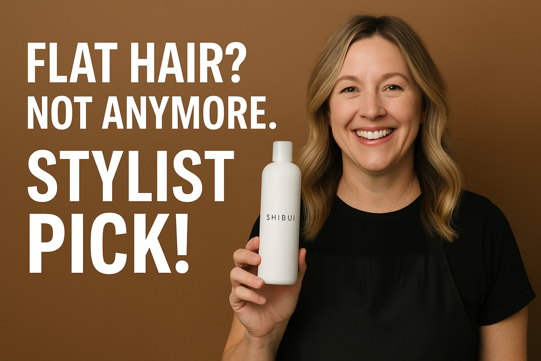 Smiling hairstylist holding a Shibui shampoo bottle with bold text reading ‘Flat Hair? Not Anymore. Stylist Pick!’ on a brown background.