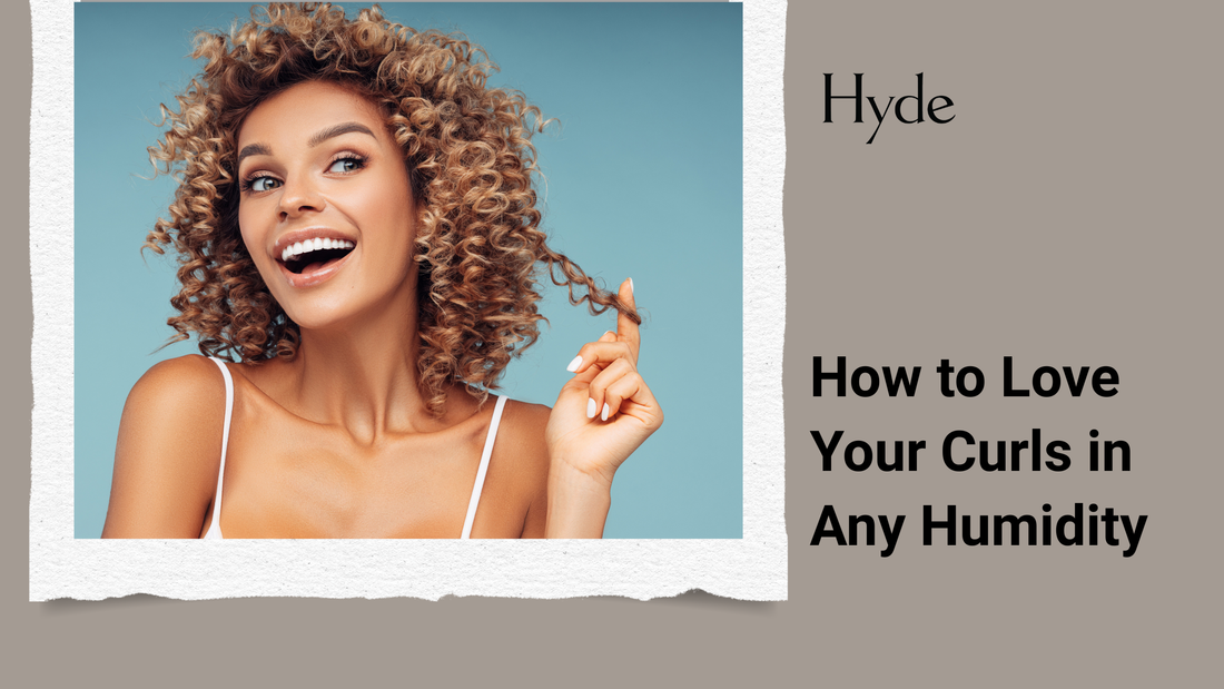 Smiling woman with defined blonde curls and text reading “How to Love Your Curls in Any Humidity” by Hyde Salon.