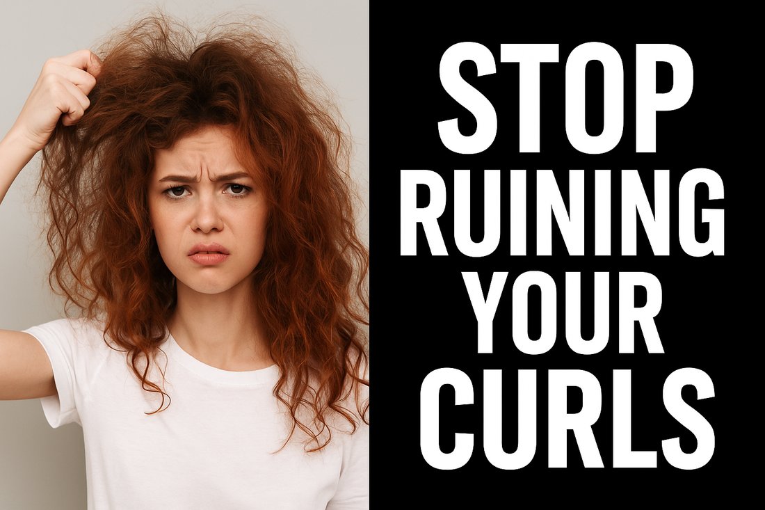 Frustrated young woman with messy, frizzy curly hair pulling at her strands, next to bold text that says ‘Stop Ruining Your Curls’ in white on a black background.