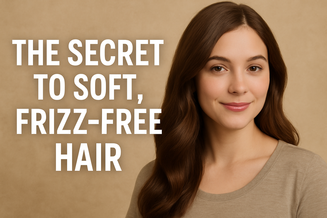 Smiling woman with smooth, shiny brown hair wearing a beige top against a warm tan background, with bold white text on the left that reads “The Secret to Soft, Frizz-Free Hair.”