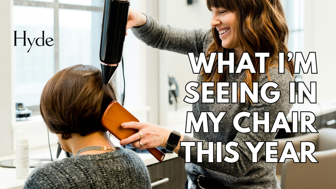 Hyde Salon stylist Megan Carter styling client’s hair with modern glossy finish.