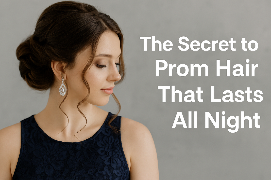 A young woman with a soft, elegant prom updo and curled tendrils poses in a navy lace dress against a light gray background. The image includes overlaid text that reads, “The Secret to Prom Hair That Lasts All Night.”