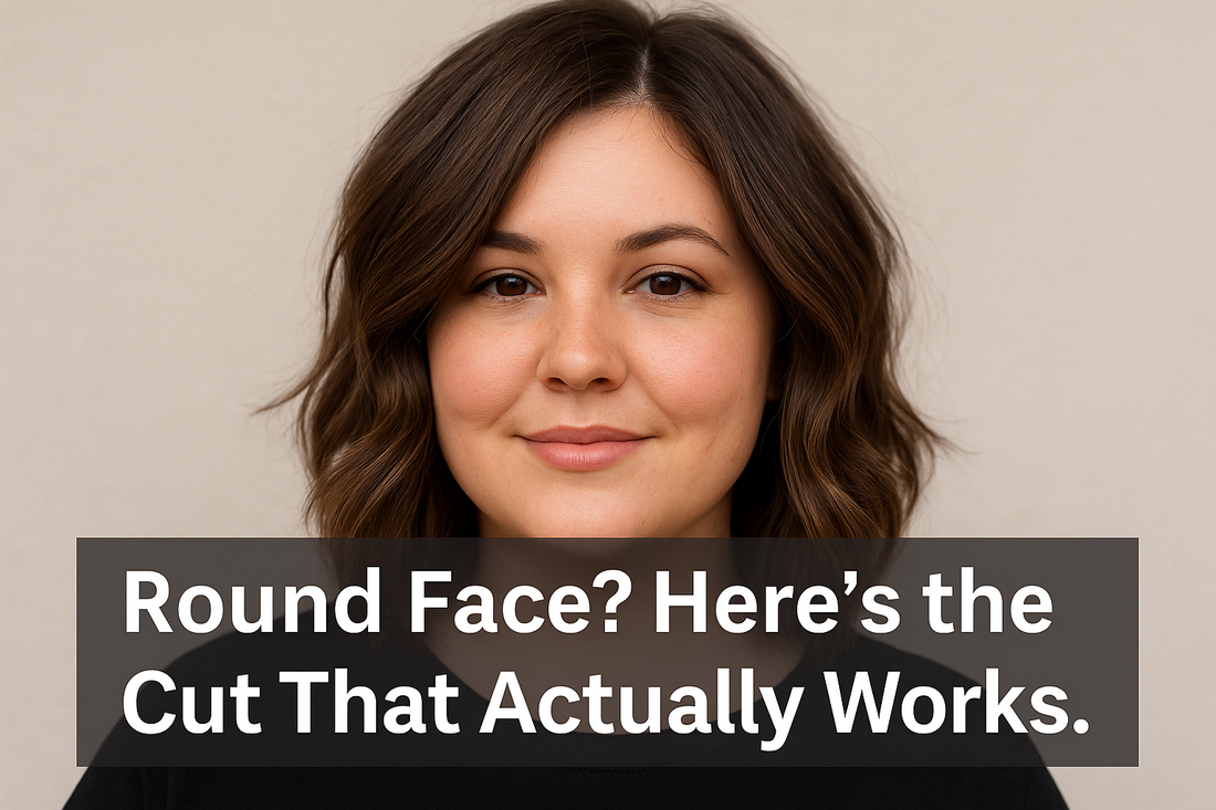 Smiling woman with round face and wavy hair, text reads “Round Face? Here’s the Cut That Actually Works.”