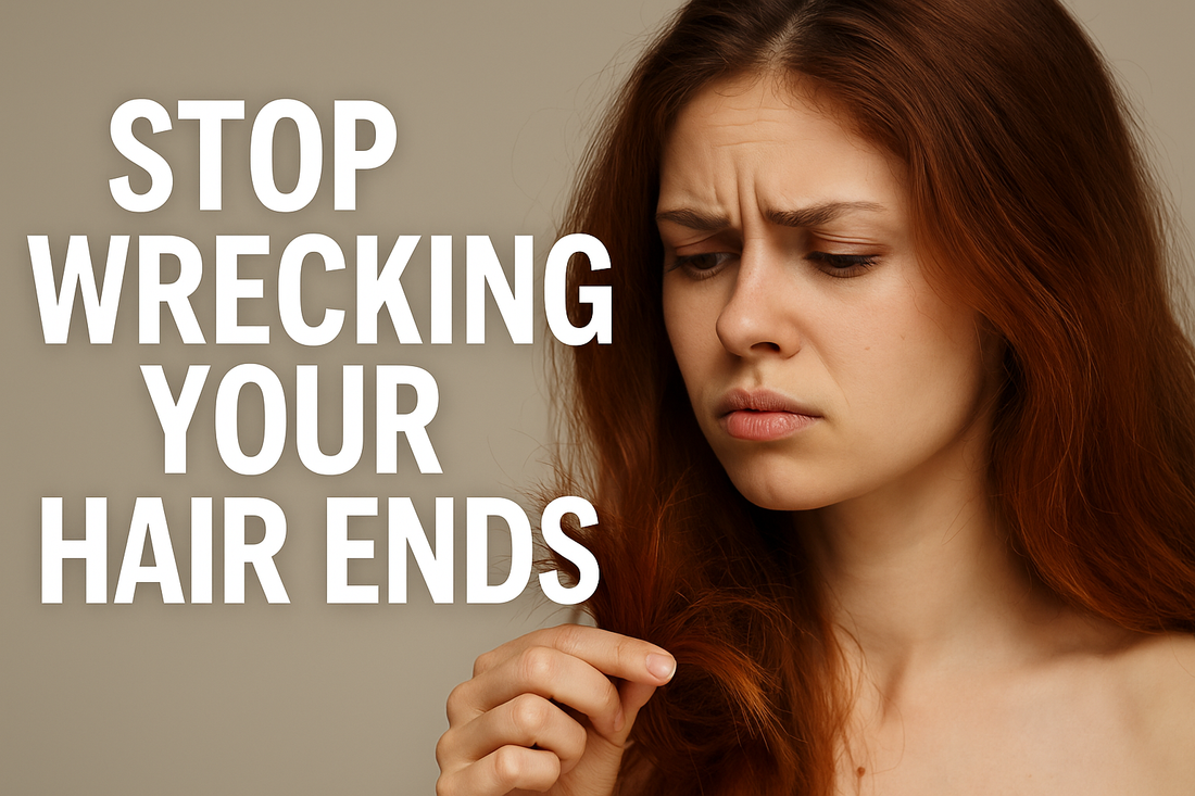 Woman with auburn hair looking at damaged ends, text reads “STOP WRECKING YOUR HAIR ENDS.”